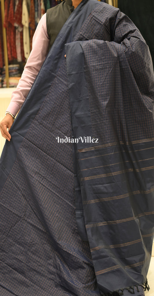 Navy Blue Checks Kanjivaram Silk Saree