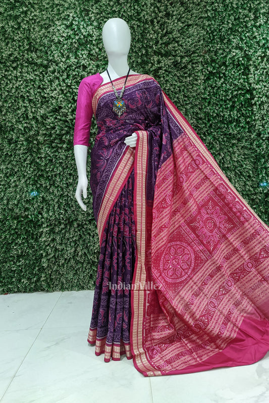 Purple Pink Flower Design Sambalpuri Pure Silk Saree
