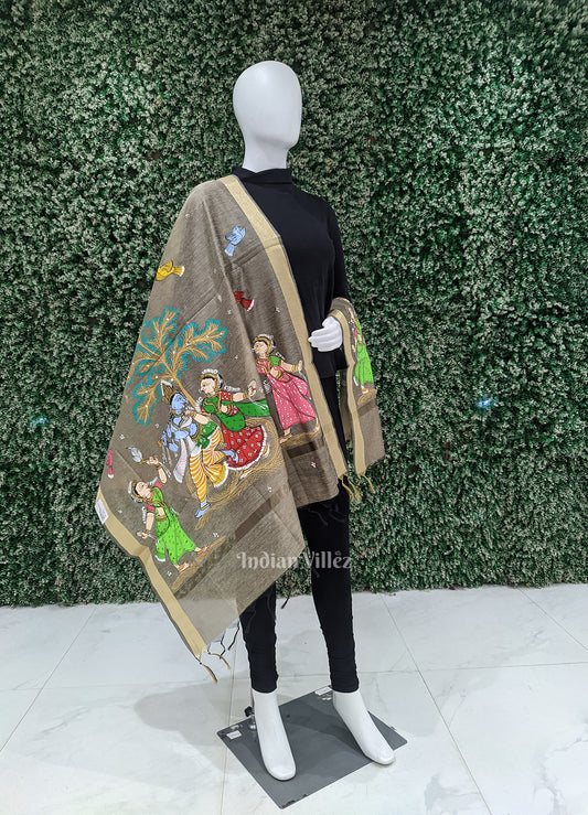 Gray Radha Krishna & Gopis Raslila Hand-Painted Patachitra Chanderi Dupatta