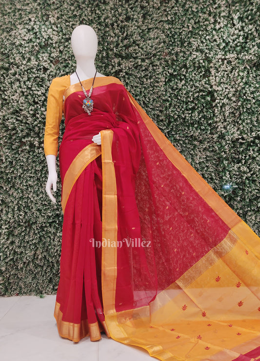 Deep Red Yellow Pure Silk Cotton Maheswari Saree