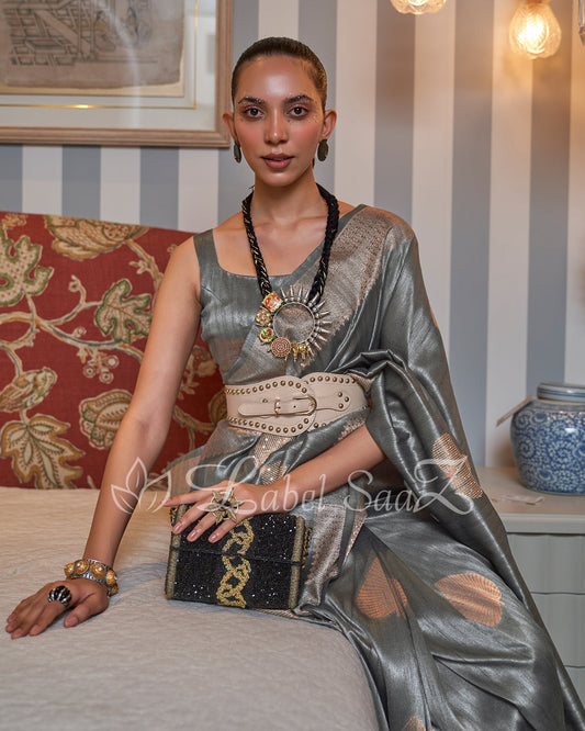 Dark Grey Designer Tussar Banarasi With Moti Work Saree