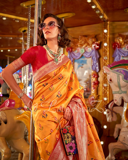 Yellow Ikat Saree with Zari Border Tussar Silk