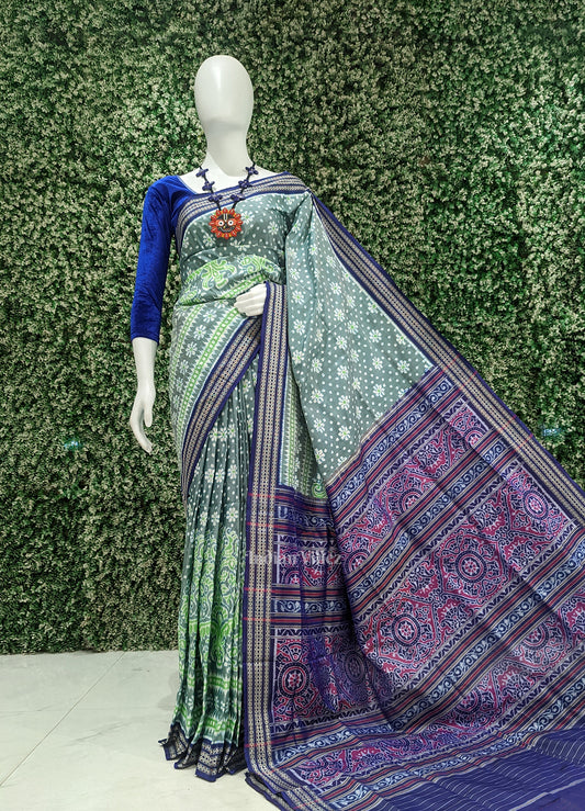 Pastel Green Lily Flower Vase Sambalpuri Silk Saree