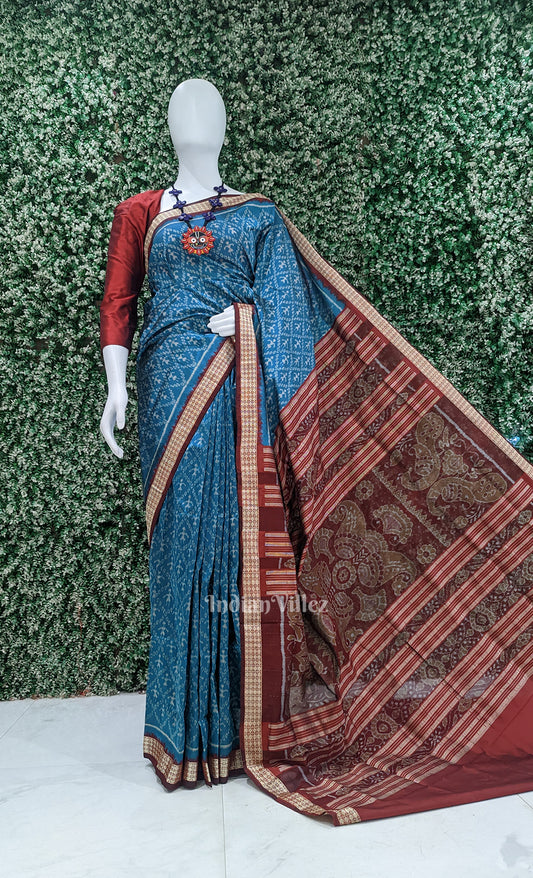 Aqua Blue Maroon Tribal Theme Odisha Ikat Sambalpuri Silk Saree