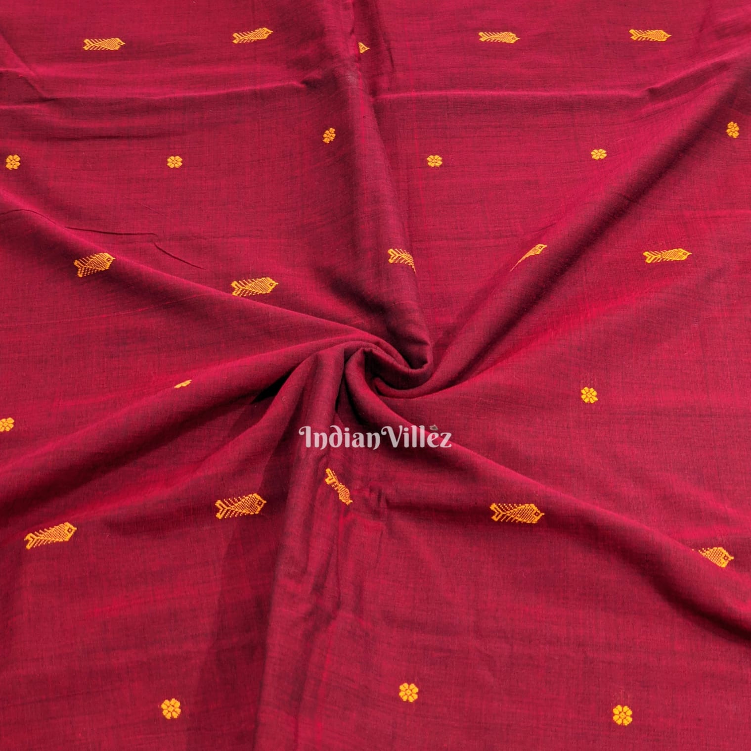 Maroon Fish & Flower Motif Bomkai Cotton Fabric