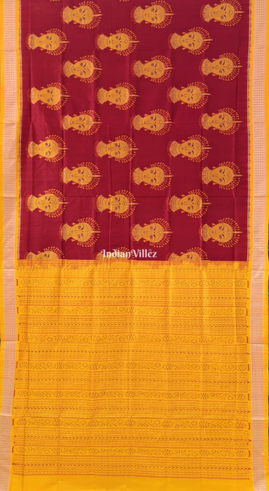 Maroon Yellow Odishi Dancer Theme Sambalpuri Silk Saree