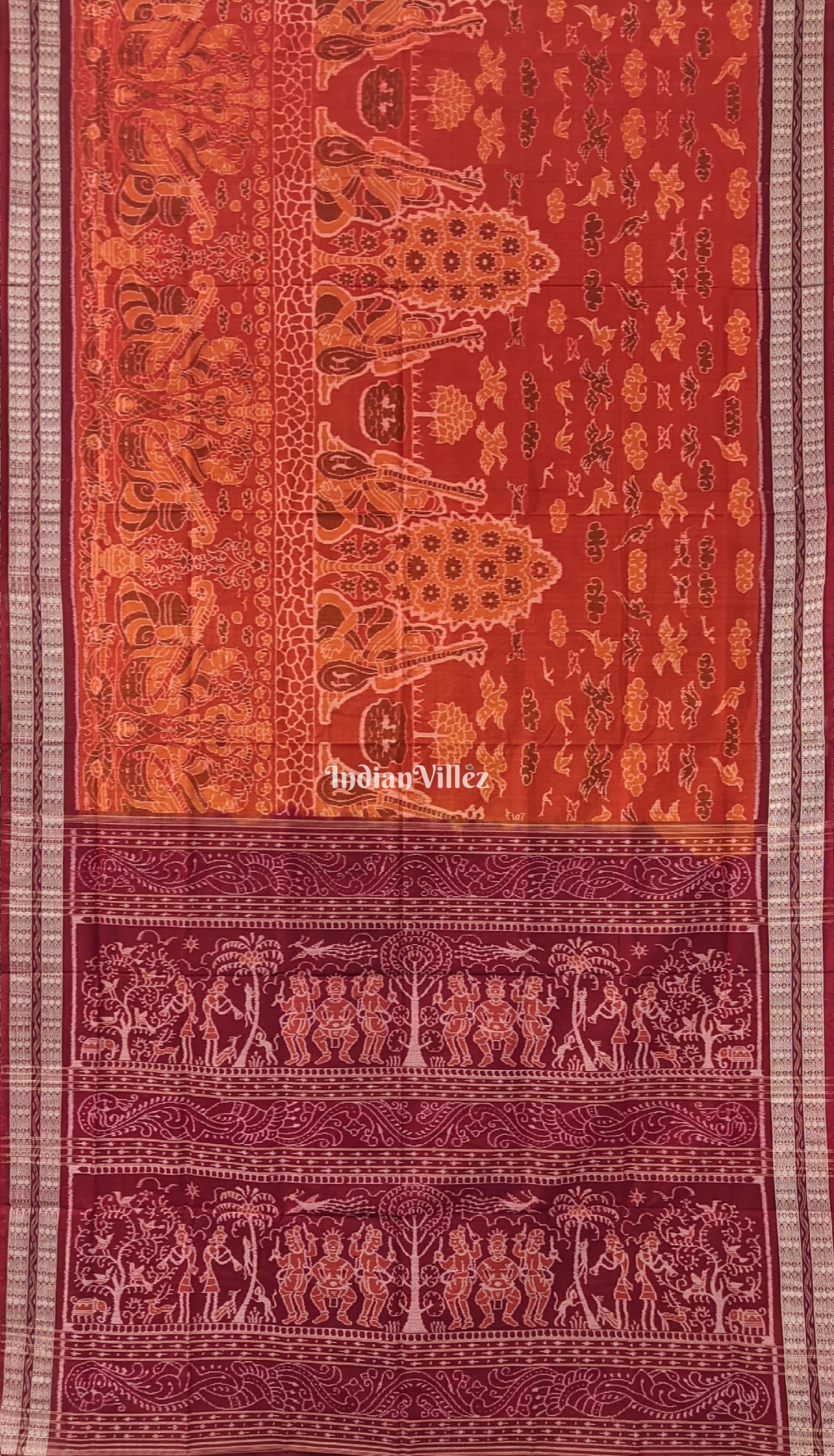 Orange Base Bird & Sitar Design Sambalpuri Cotton Saree