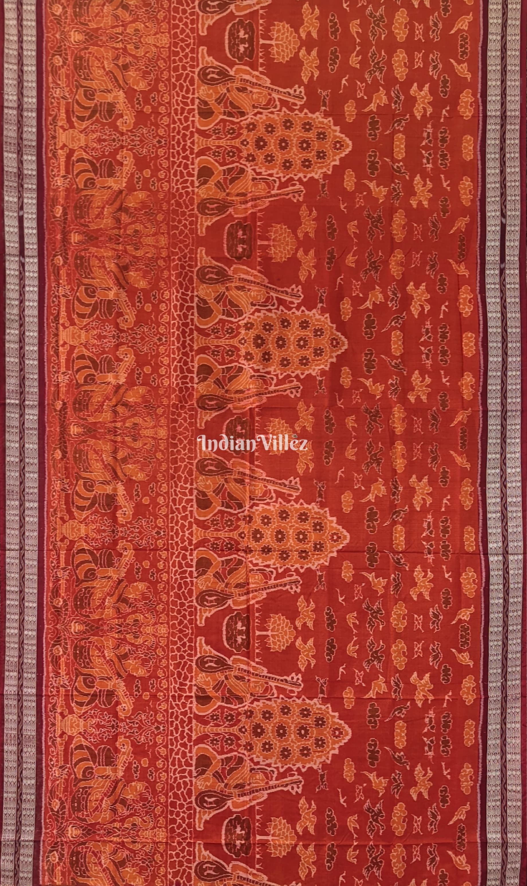 Orange Base Bird & Sitar Design Sambalpuri Cotton Saree