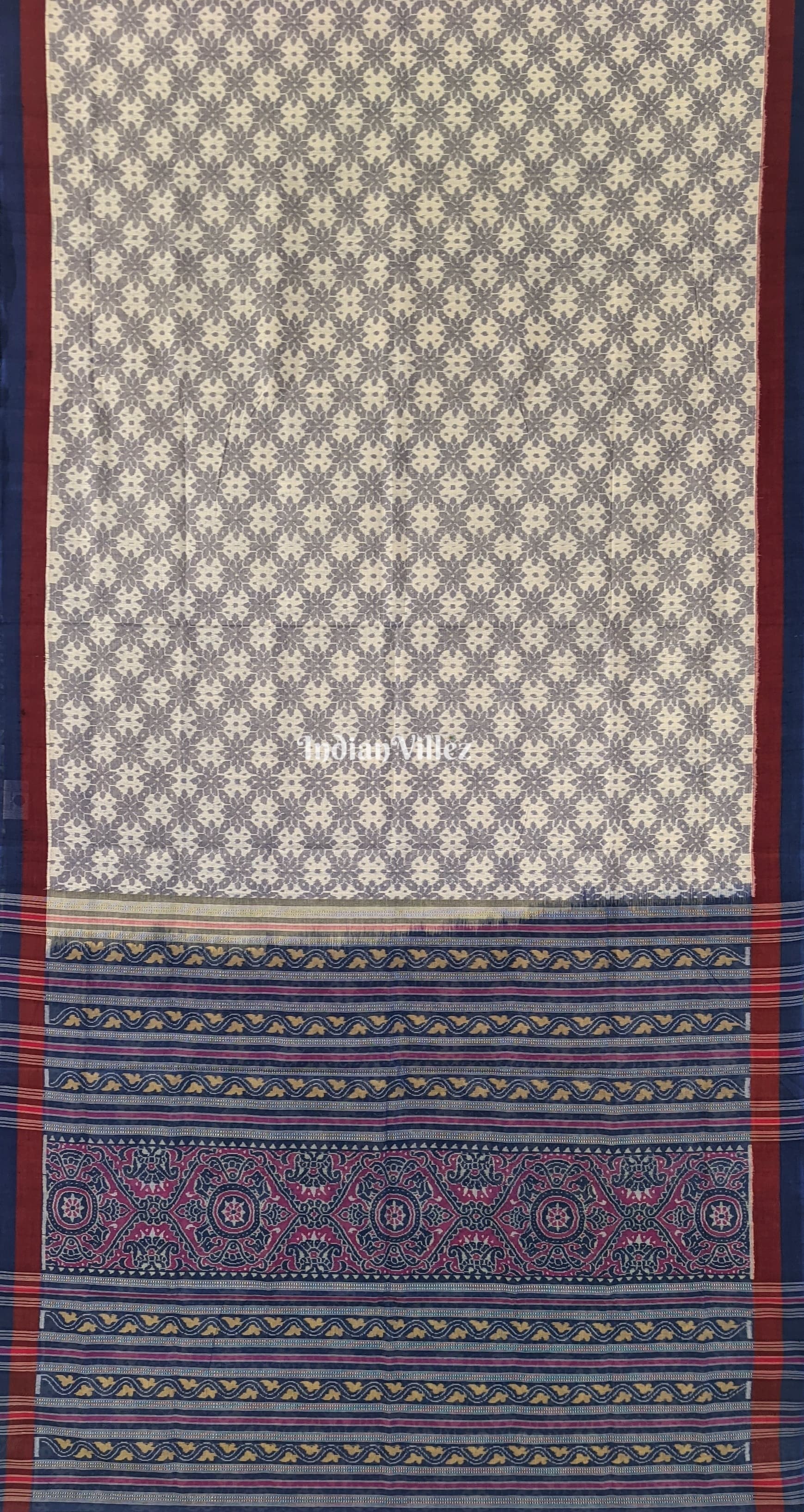 White With Blue Flower Design Pure Sambalpuri Cotton Saree