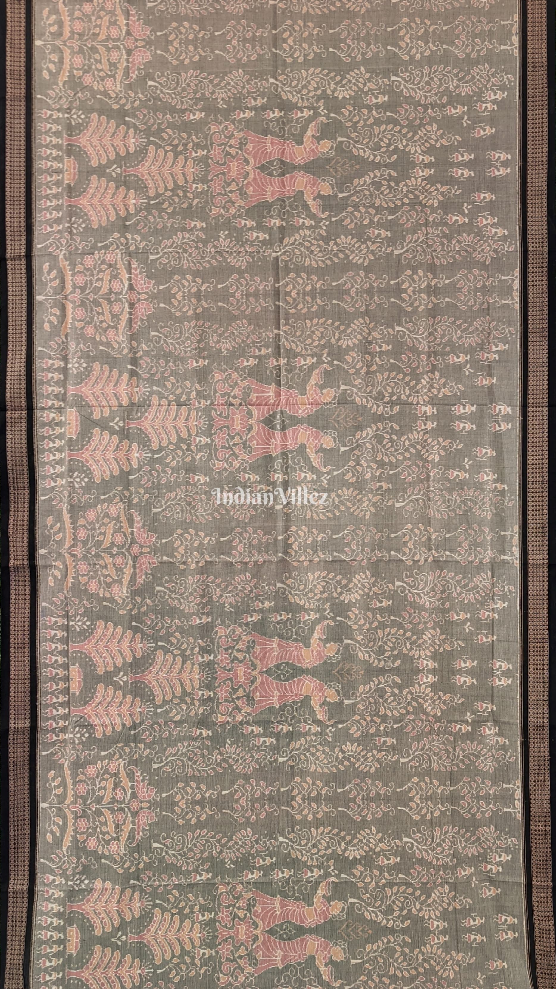Grey Base Flower Design Sambalpuri Pure Cotton Saree
