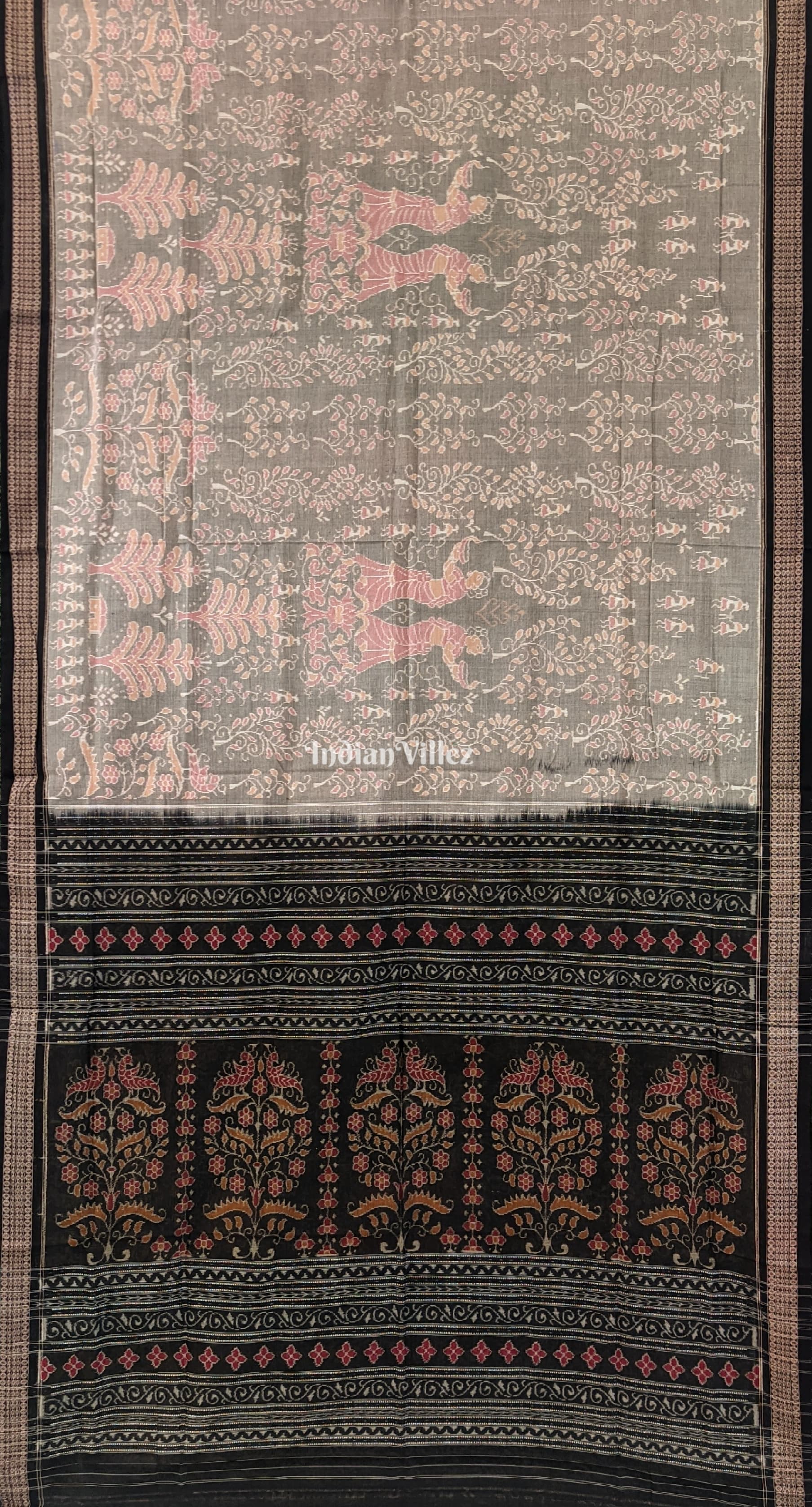 Grey Base Flower Design Sambalpuri Pure Cotton Saree