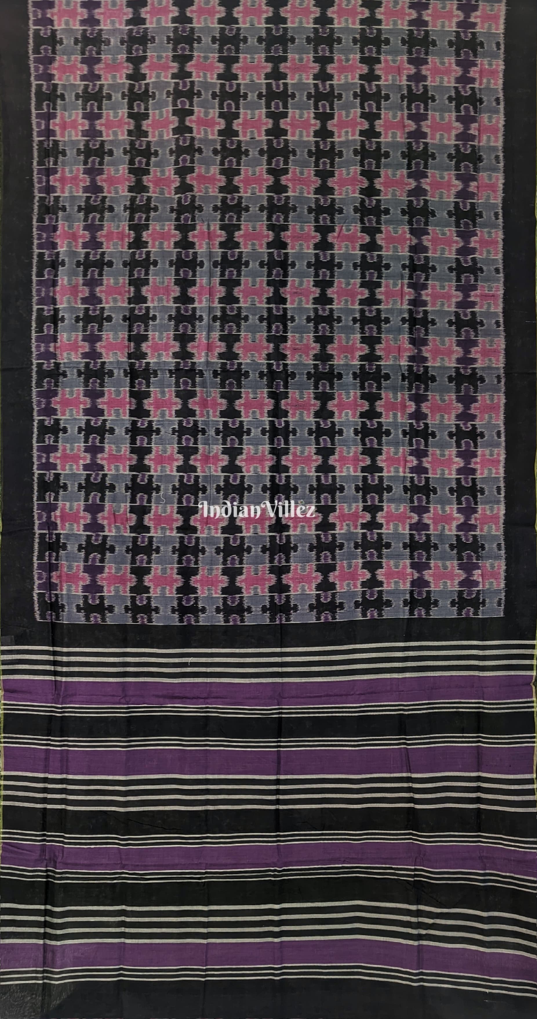 Black Base Grey with Pink Puzzle Design Sambalpuri Cotton Saree