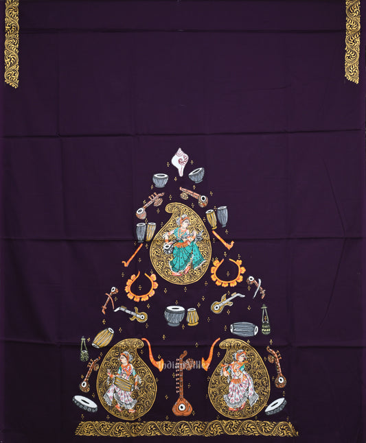 Purple Music Instrument Theme Hand-Painted Pattachitra Dress Material