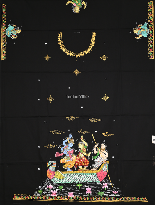 Black Krishna Leela Boita Hand-Painted Pattachitra Kurti (Unstitched)