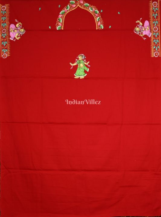 Red Nartaki Theme Hand-Painted Pattachitra Kurti (Unstitched)