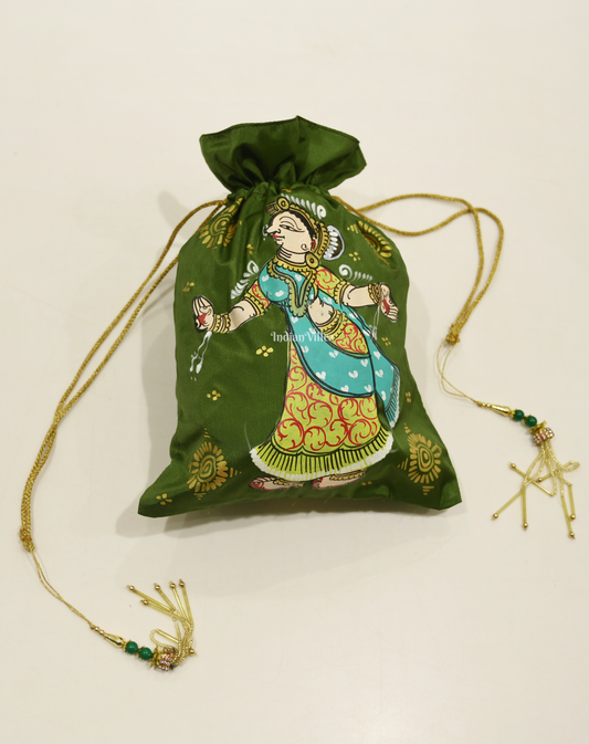 Mehendi Green Nartaki Hand-Painted Pattachitra Potli Bag