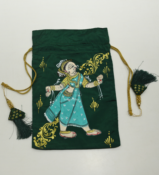 Green Nartaki Hand-Painted Pattachitra Potli Bag
