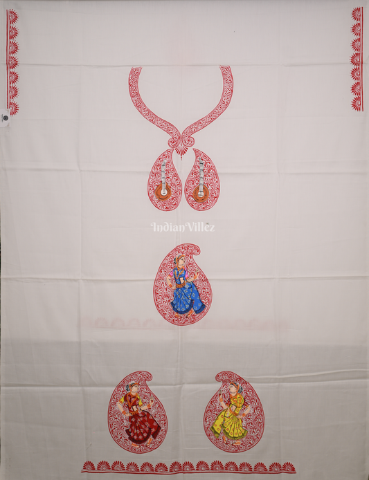 White Red Nartaki Theme Hand-Painted Pattachitra Kurti