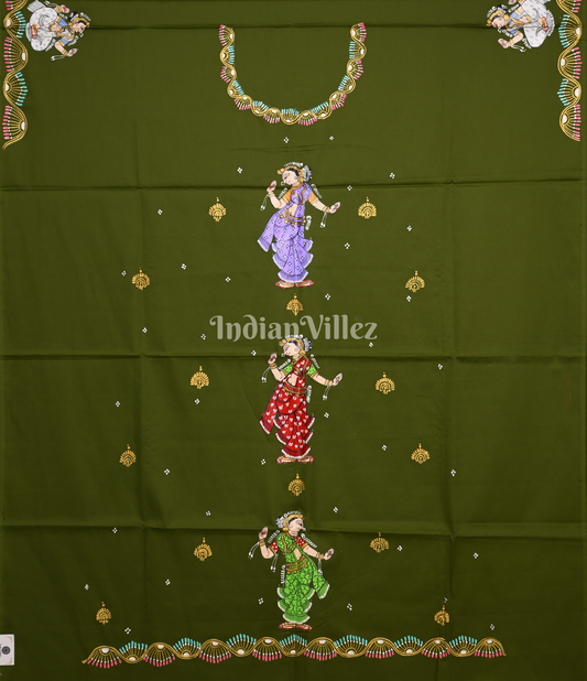 Mehendi Green Nartaki Theme Hand-Painted Pattachitra Kurti (Unstitched)