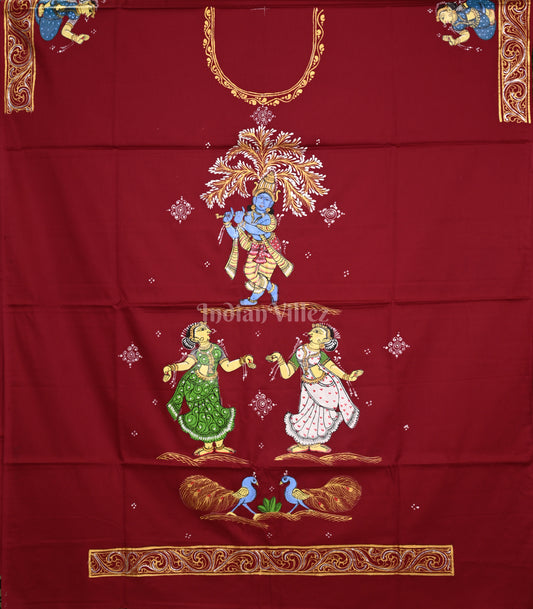 Maroon Krishna bansuri Pattachitra Kurti Cotton Dress Material