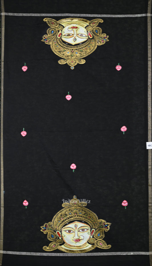 Black Maa Durga Theme Hand-Painted Patachitra Chanderi Dupatta