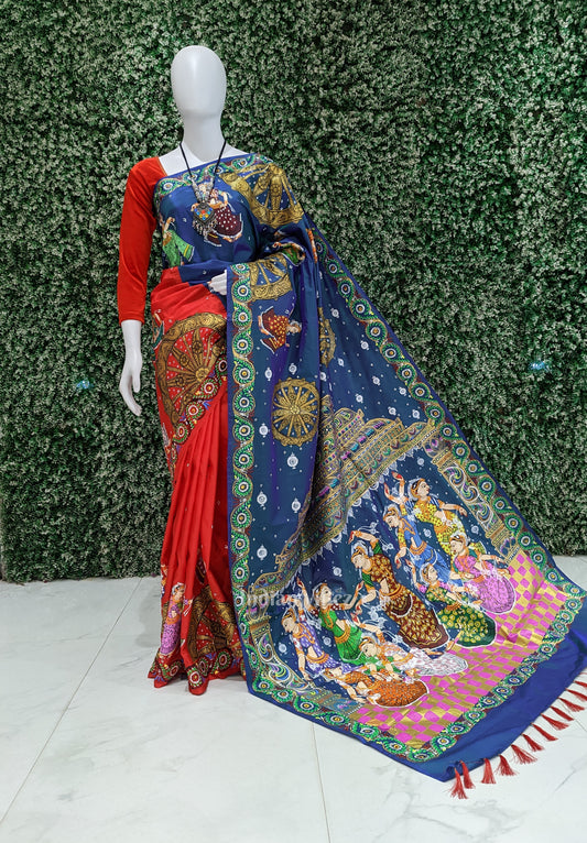 Blue Red Nataki Konark Temple Hand-Painted Pattachitra Saree