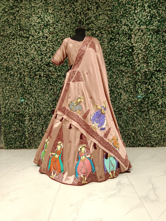 Beige Hand-Painted Pattachitra Silk Lehenga Set with Dupatta