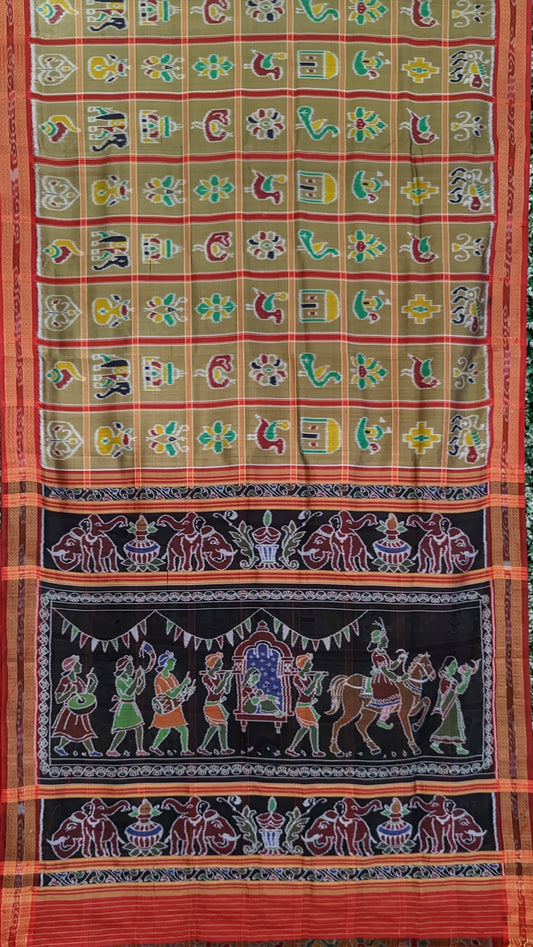 Golden Brown Nabakothi Theme Odisha Ikat Khandua Silk Saree
