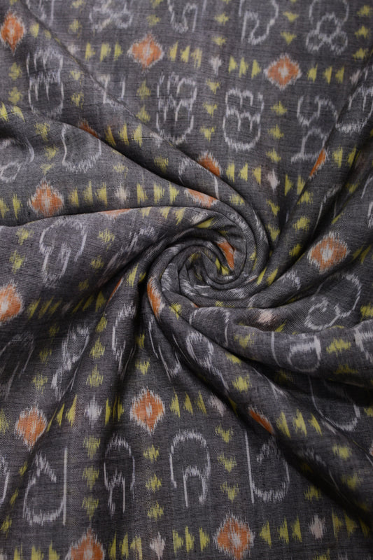 Faded Black Odia Barnamala Sambalpuri Ikat Cotton Fabric