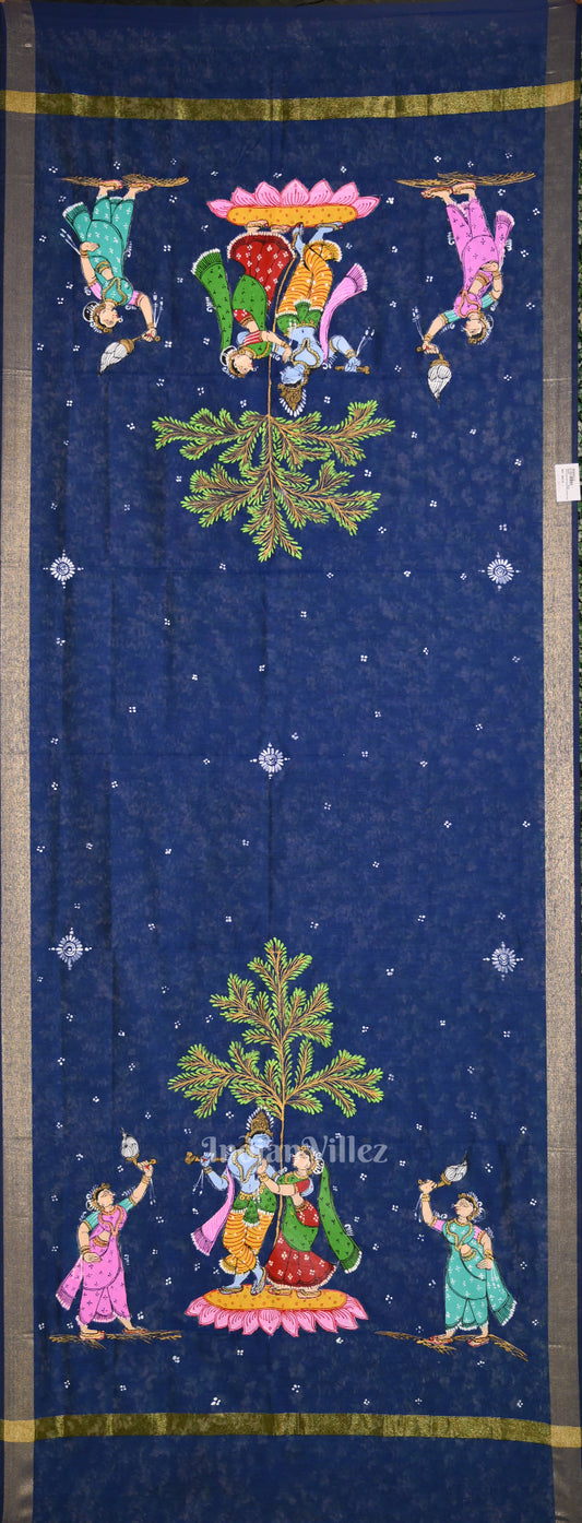 Royal Blue Radha Krishna Hand-Painted Pattachitra Chanderi Dupatta