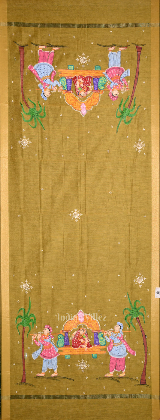 Mustard Yellow Doli Barat Hand-Painted Pattachitra Chanderi Dupatta