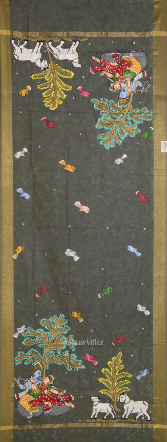 Gray Radha Krishna Hand-Painted Patachitra Chanderi Dupatta