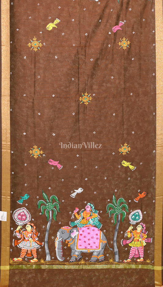 Coffee Brown Kandarpa Hati (Elephant) Pattachitra Chanderi Dupatta