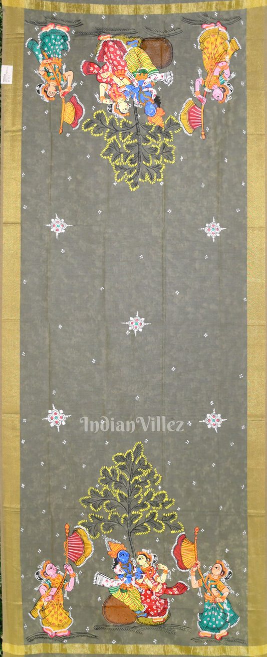 Cream Gray Radha Krishna Raas Leela Hand-Painted Pattachitra Chanderi Dupatta