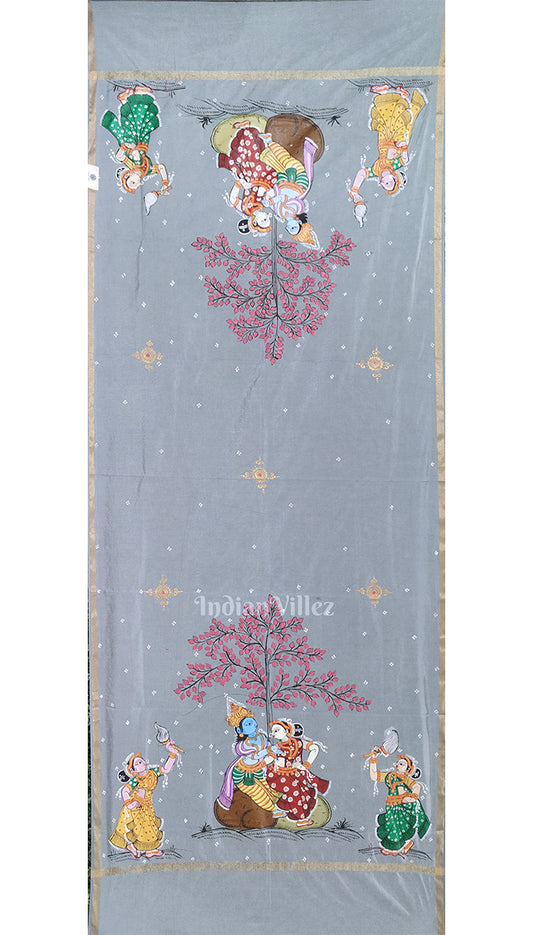 Cement Grey Radha Krishna Raas Pattachitra Chanderi Dupatta