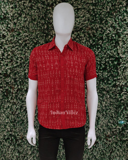 Red Tribal Odisha Ikat Cotton Half Sleeve Shirt for Men