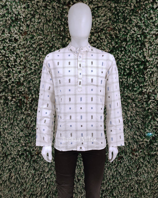 White Fish Motif Odisha Ikat Cotton Kurta for Men