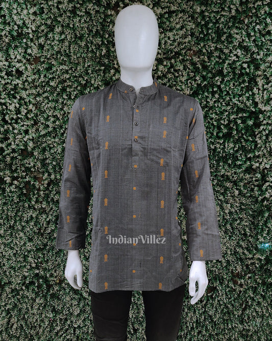 Grey Fish Motif Odisha Ikat Cotton Kurta for Men