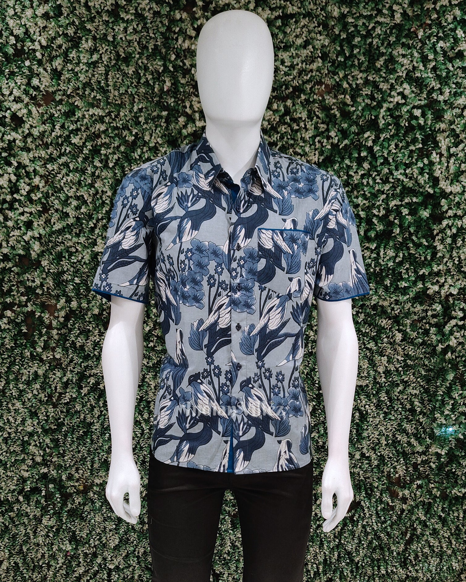 Sky Blue Bird Design Block Printed Half Sleeve Shirt for Men