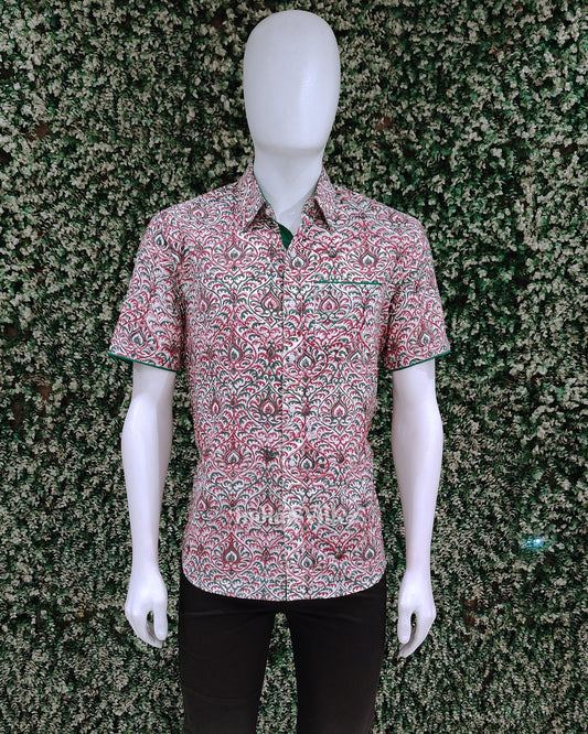 Red Green Design Block Printed Half Sleeve Shirt for Men