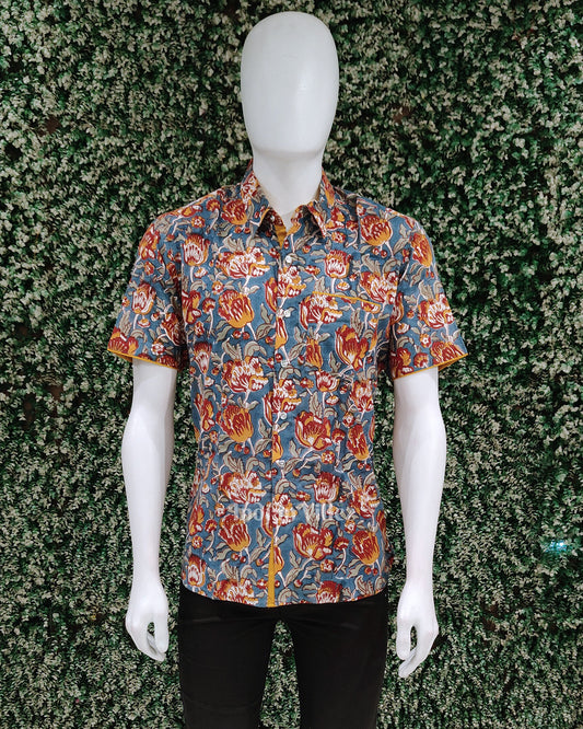 Deep Blue Cotton Block Printed Half Sleeve Shirt for Men