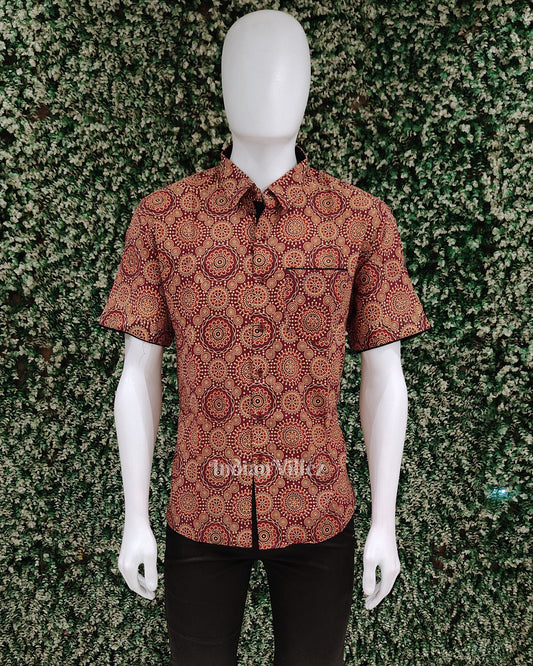 Maroon Design Block Printed Half Sleeve Shirt for Men