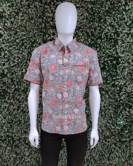 Light Blue Cotton Block Printed Half Sleeve Shirt for Men