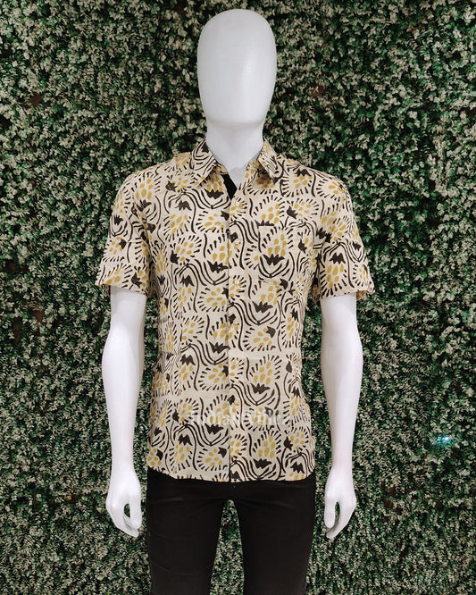 Off White With Black Block Printed Half Sleeve Shirt for Men