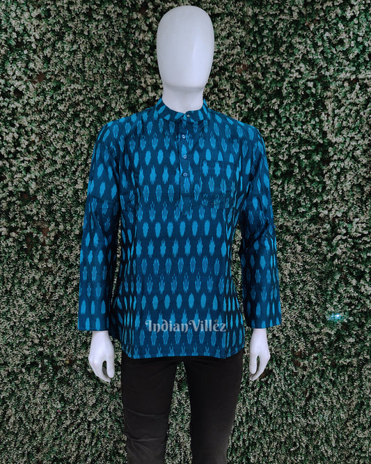 Cyan Blue Handwoven Pochampally Ikat Cotton Kurta for Men