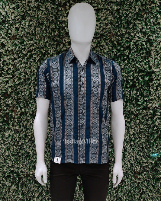 Royal Blue Konark Temple Theme Odisha Ikat Cotton Half Sleeve Shirt for Men