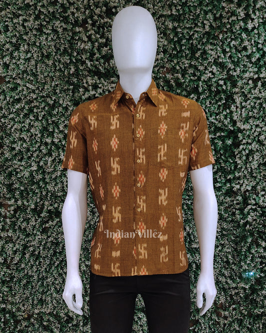 Mustard Yellow Swastik Odisha Ikat Cotton Half Sleeve Shirt for Men