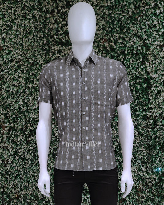 Grey Tipa Design Odisha Ikat Cotton Half Sleeve Shirt for Men