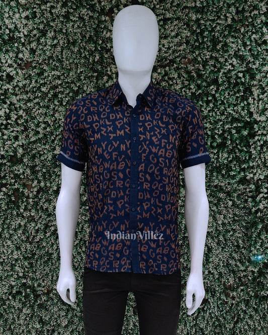Blue English Alphabet Odisha Ikat Cotton Half Sleeve Shirt for Men