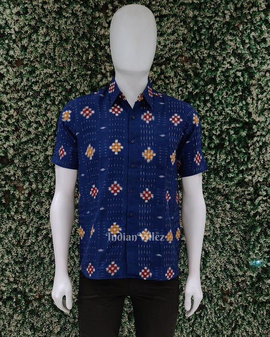 Blue Pasapali Odisha Ikat Cotton Half Sleeve Shirt for Men